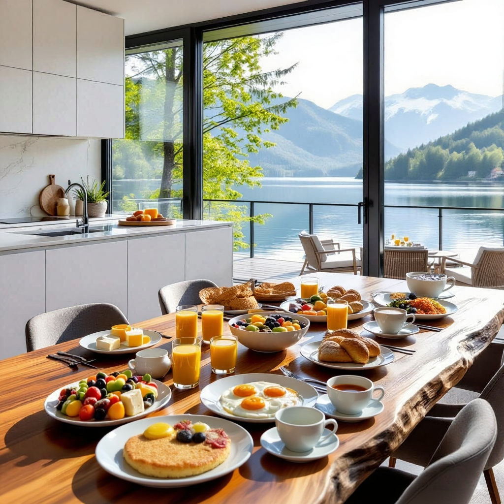 create a hyperrealistic image of a long table with breakfast items. 
Fruit salad, fresh cheese, sunny side up eggs, bread rolls, latte macch...