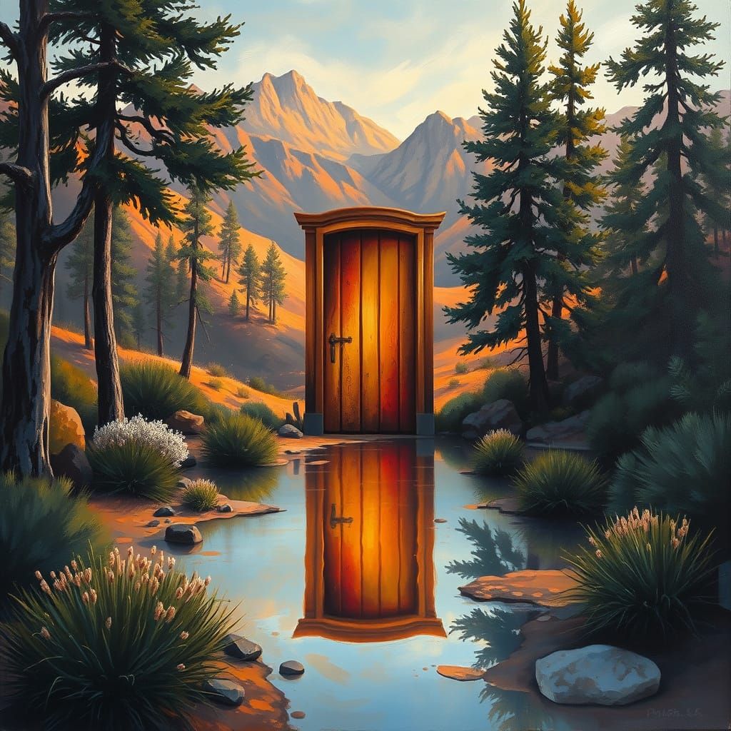 Une porte très brillante debout seule au milieu d'une forêt ou d'un désert. le paysage s'y reflète detailed ...  by @Dom