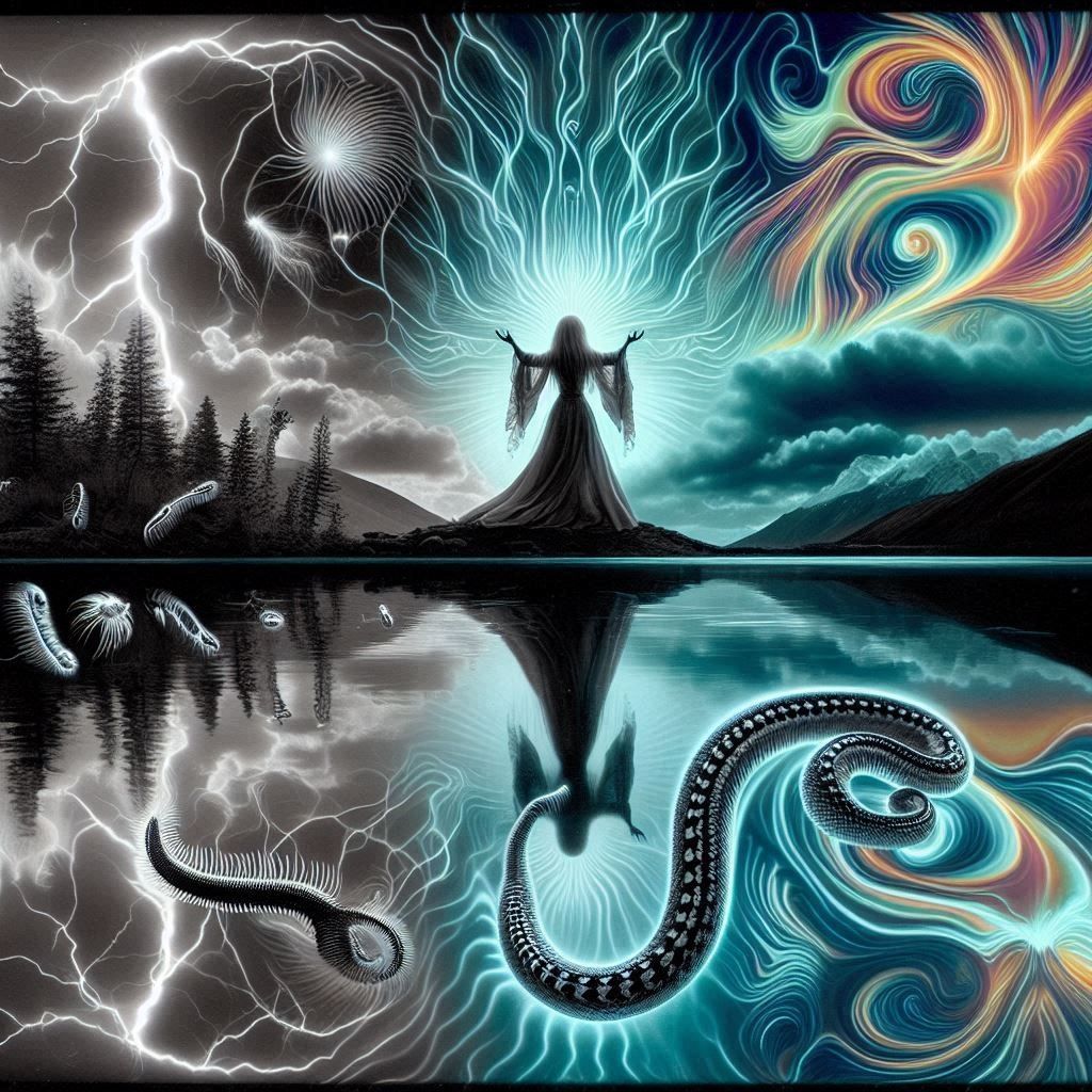 mother nature with no legs and with a hundred legs, with sto...