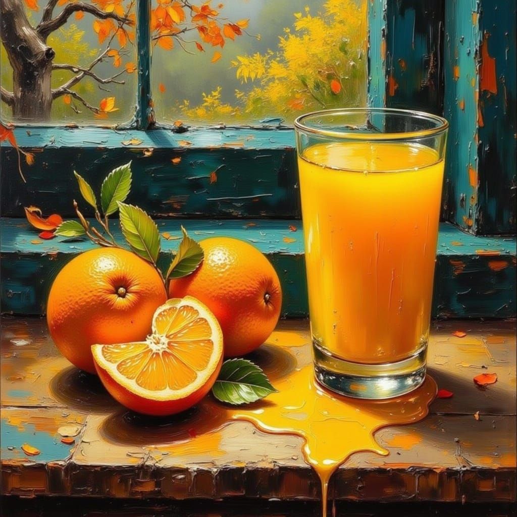 Orange halves and orange juice.