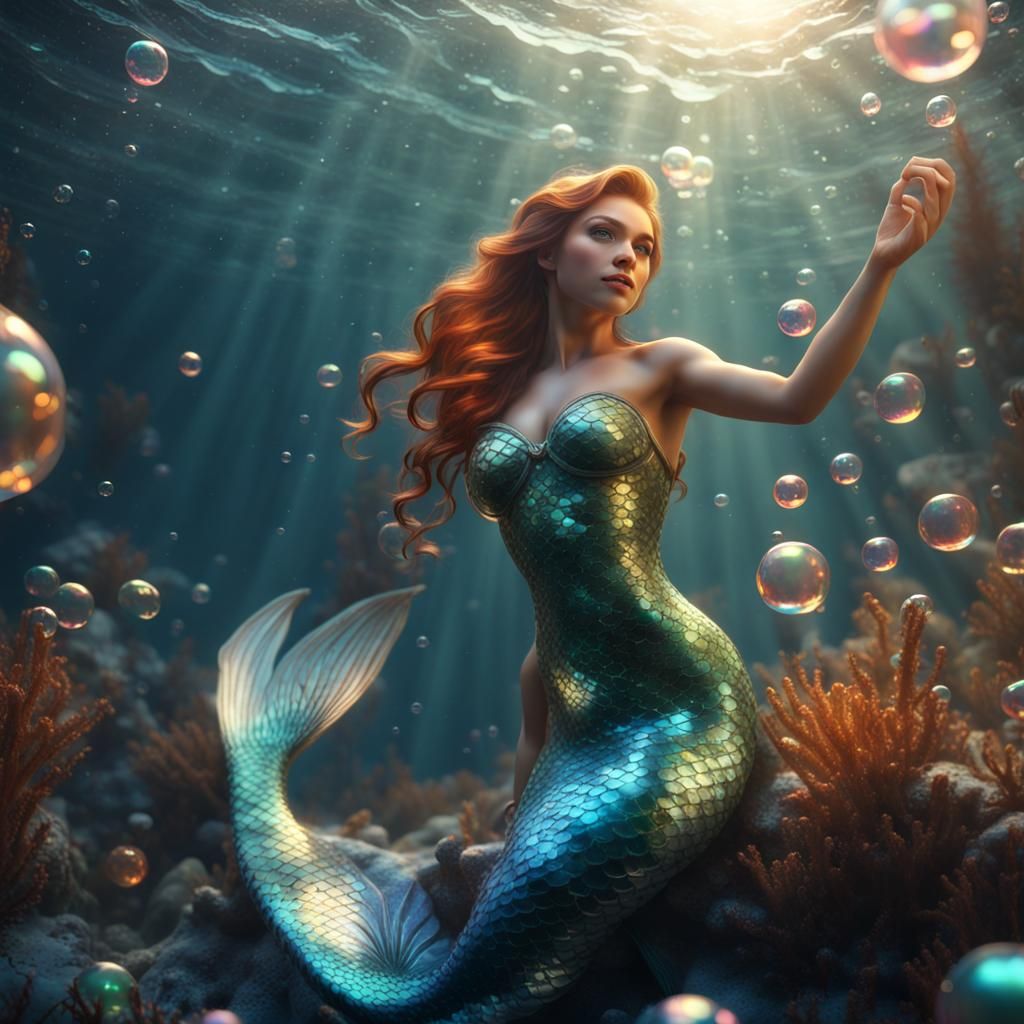 Hyperealistic gorgeous shimmering mermaid standing on her in Ocean fauna & opalescent bubbles background,caustics,sunli...