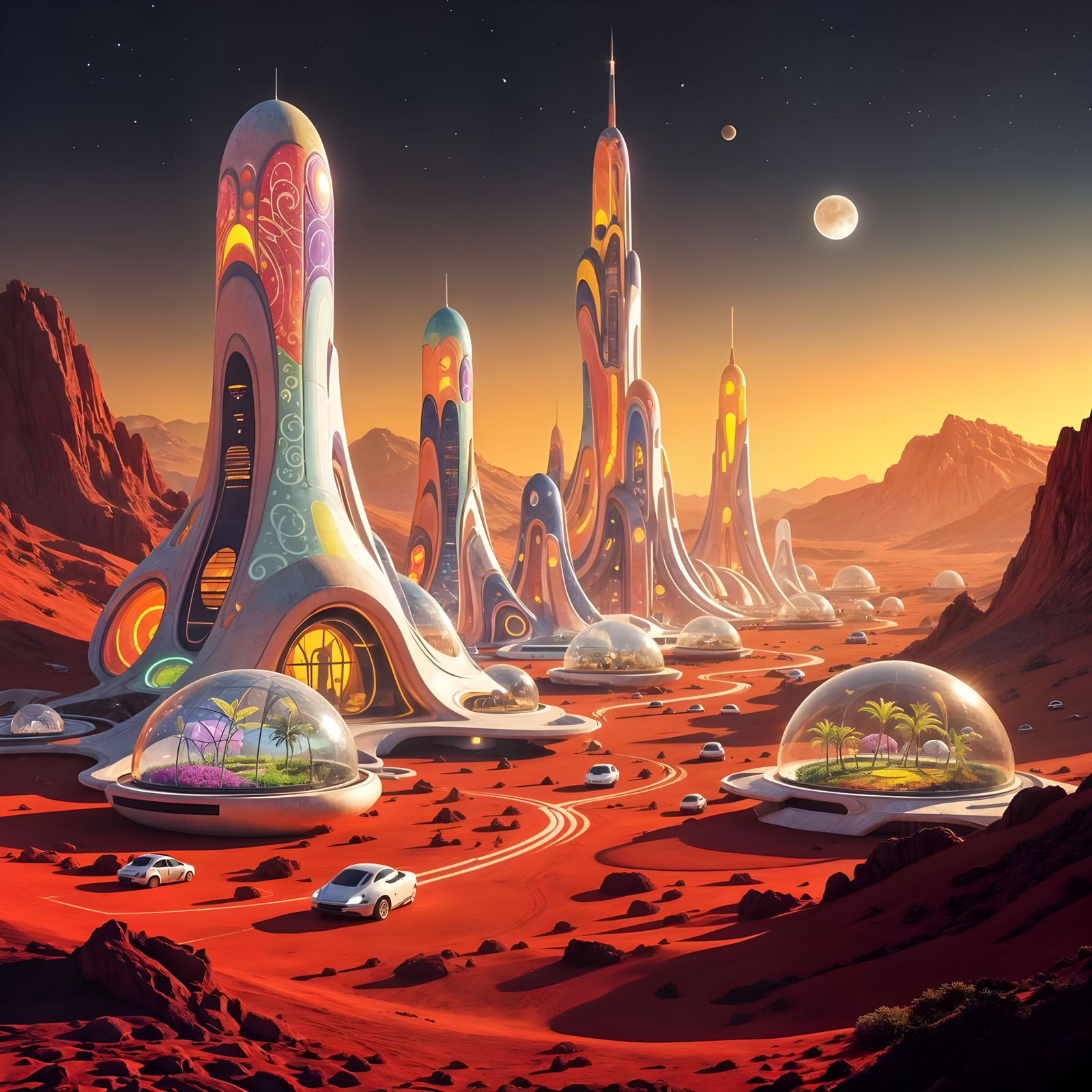 A vibrant, surreal cityscape on Mars, where towering, organic structures made of glowing, bio-luminescent ...  by @Londo Mollari