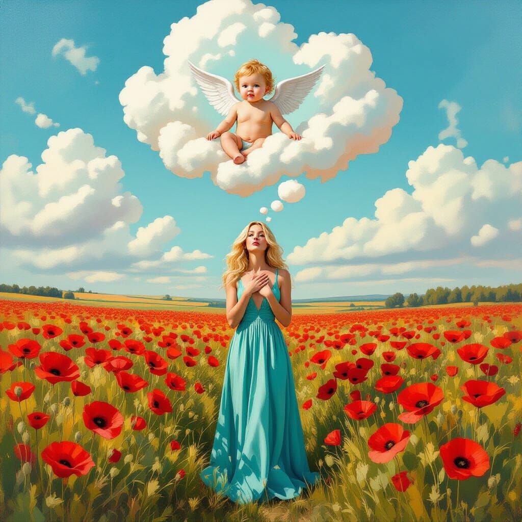Woman in Poppy Field with Angel, in Abstract Style