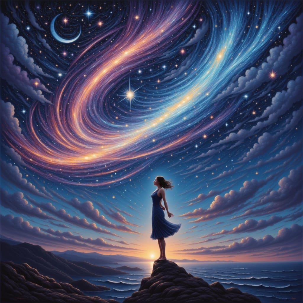 Whip the tail of comets rush in the sky, she stand with courage held by the gaze of stars 
 <lora:Cosmic Rush 1212:1.0>