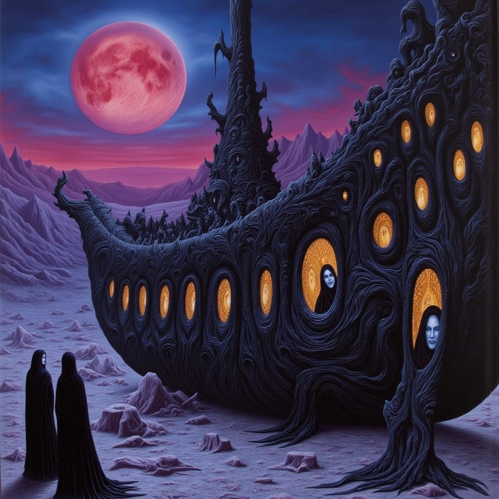 Mystical Argo Ship in Desert Under Dual Moon