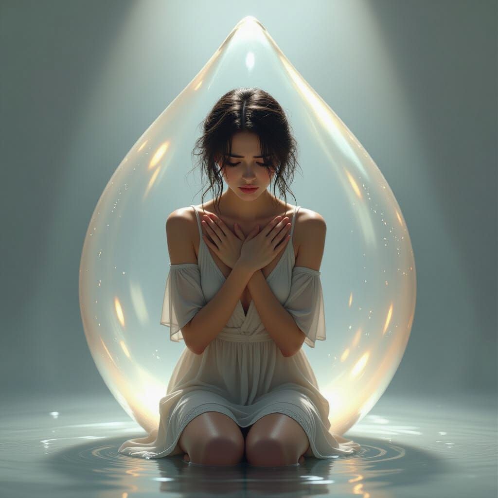 A sorrowful girl on her knees inside a giant translucent teardrop. Her hands are clutched tightly to her chest as streams of tears flow down...