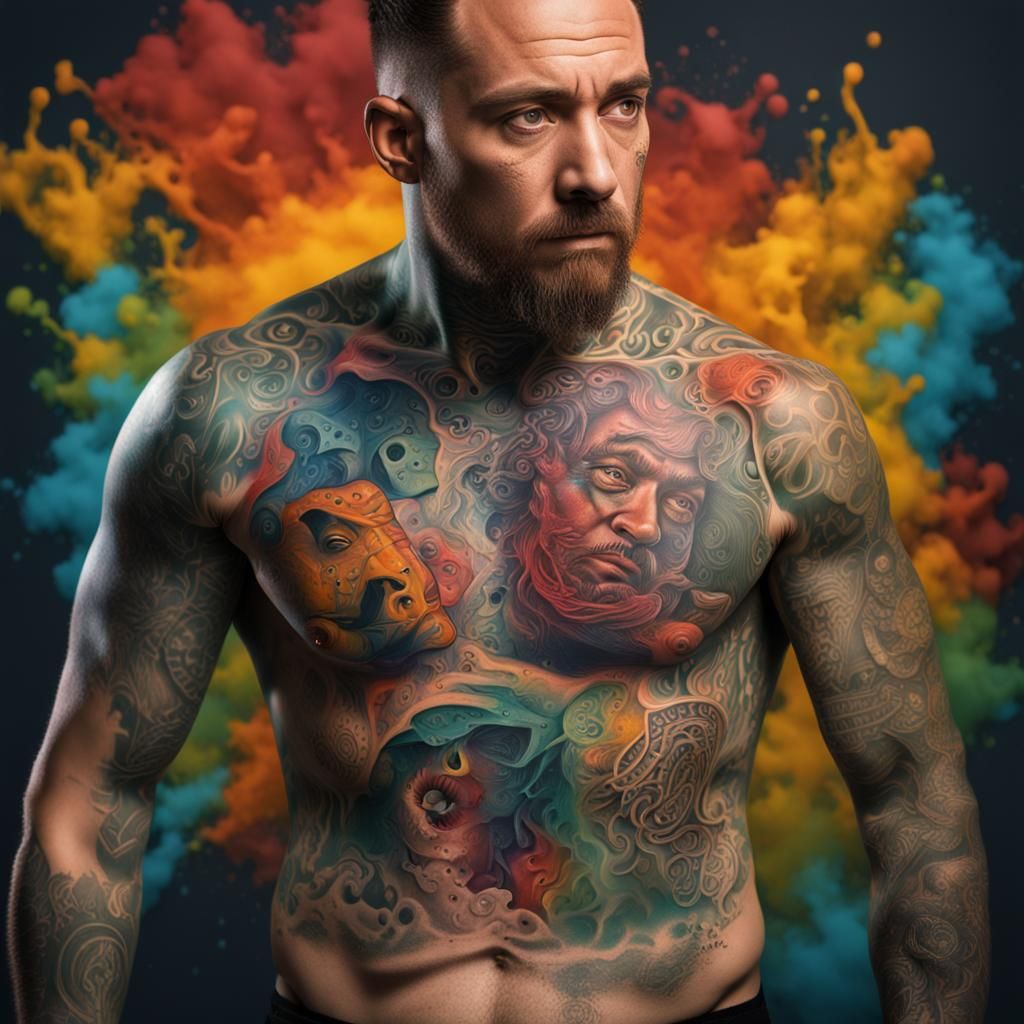 Artist with the word censorship tattooed across his chest