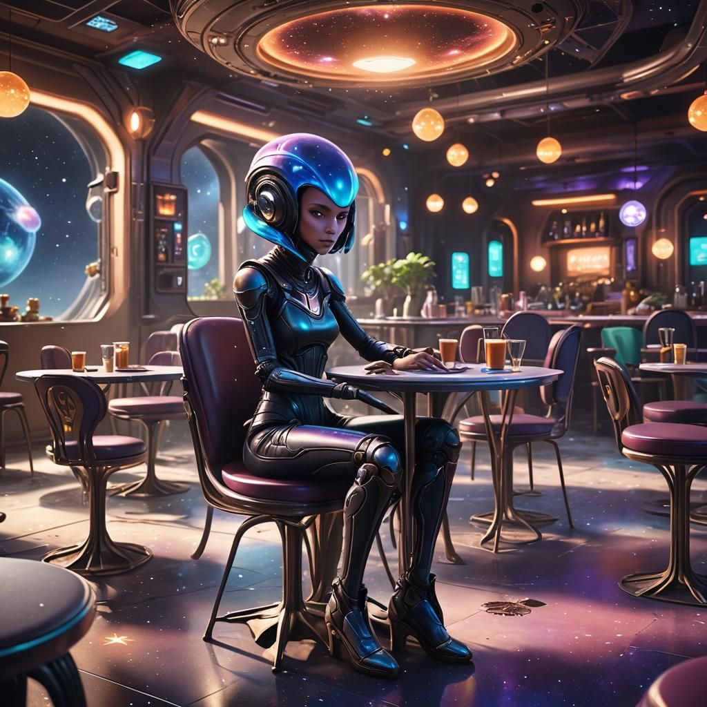 Galaxy cafe alien girl, stars on floor, planet themed tables...
