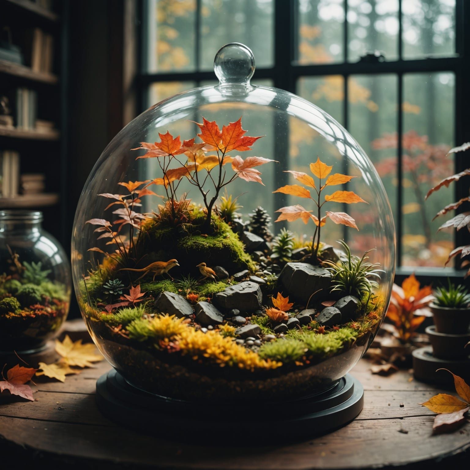 a tiny autumn landscape inside a terrarium 