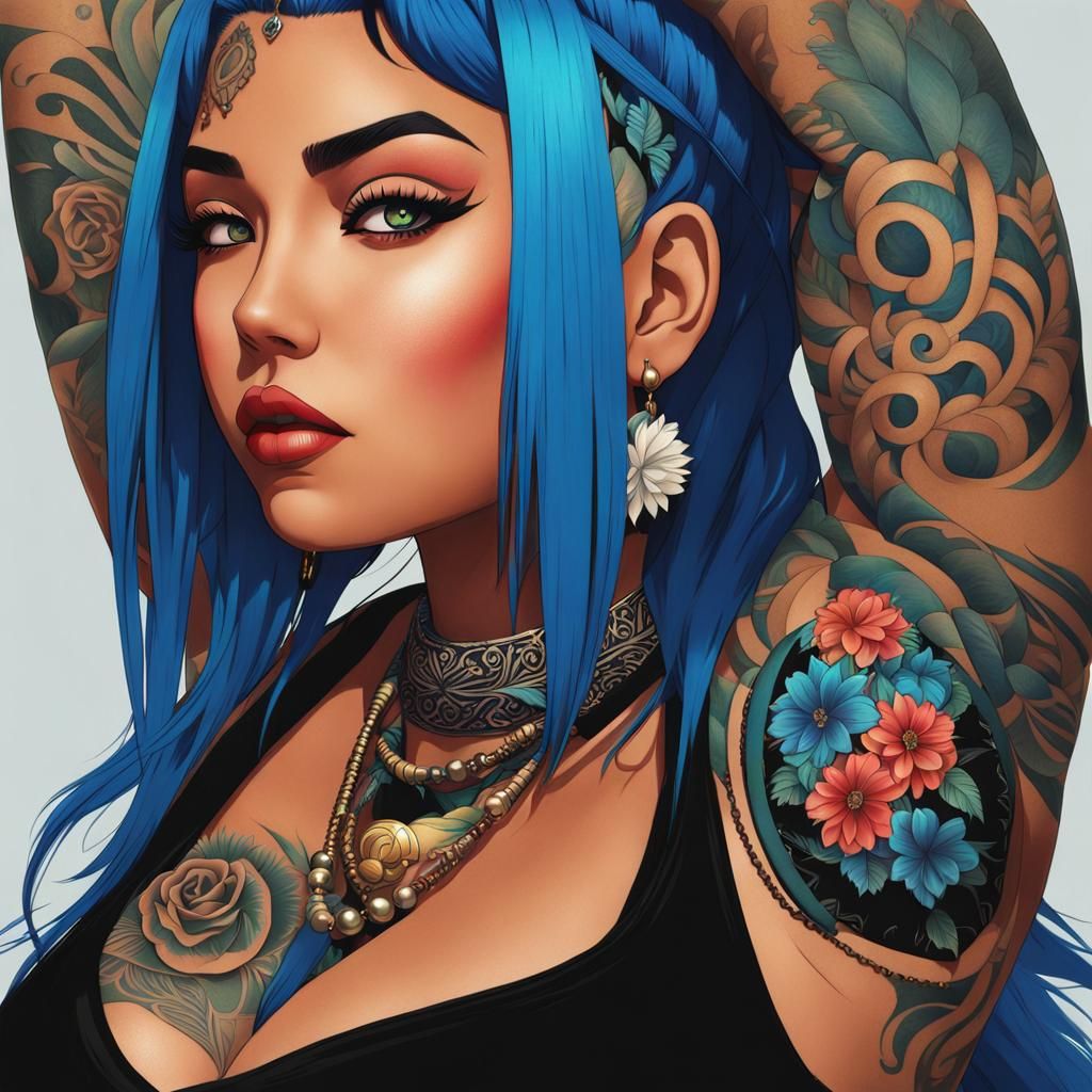 Plus size female, tattoos, tan skin, black, Mexican, alterna...