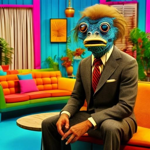 <lora:Groovy Lounge:1.0> Hyperrealistic strange creature sitting at groovy lounge bar by the beach wearing vintage clothes.