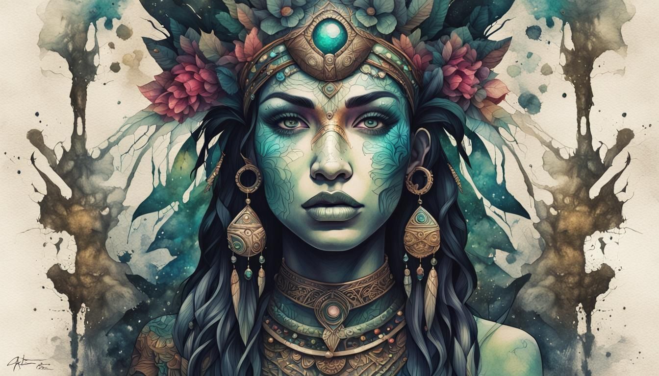 Goddess Portrait with Tribal Tattoos in Modern Art Style