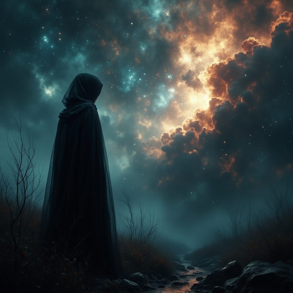 Skeletal Figure Gazes at Dying Nebula in Cosmic Style