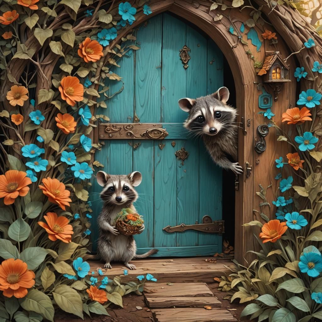 Mouse and Raccoon Encounter in Whimsical Fantasy Art