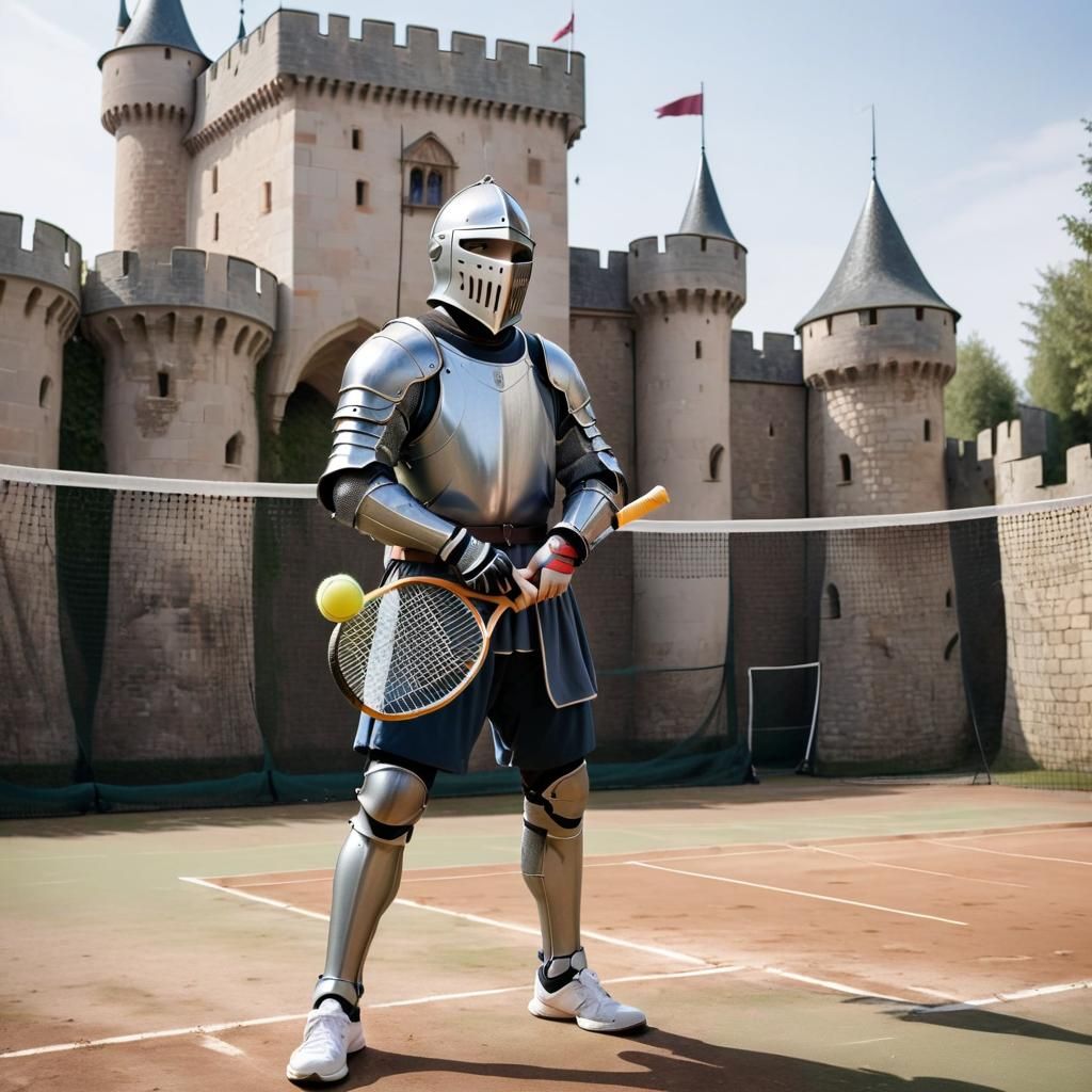 A knight stands in front of a small fortress,  behind a tenn...