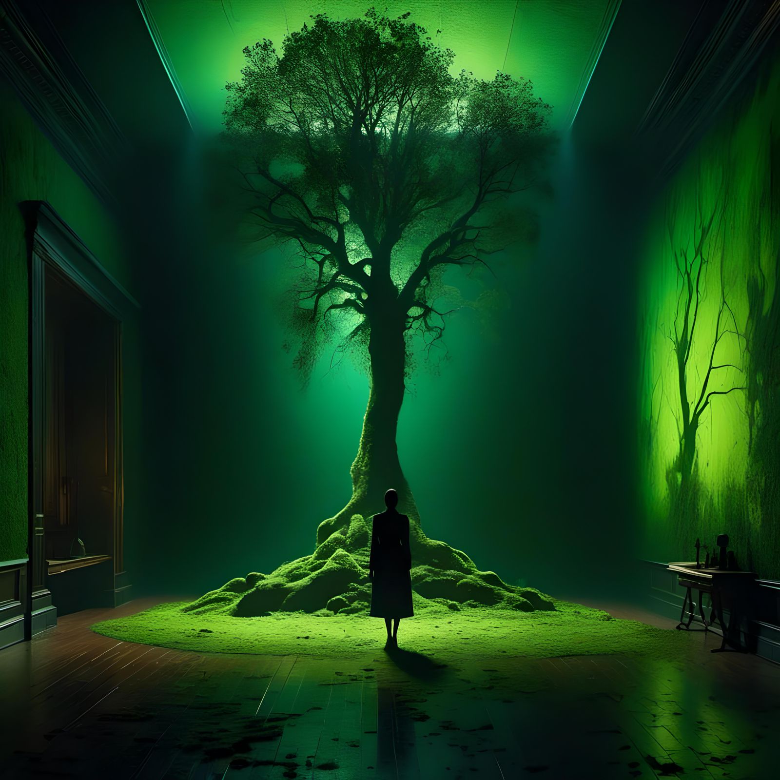 Silhouette of Tree Growing in Dark Room