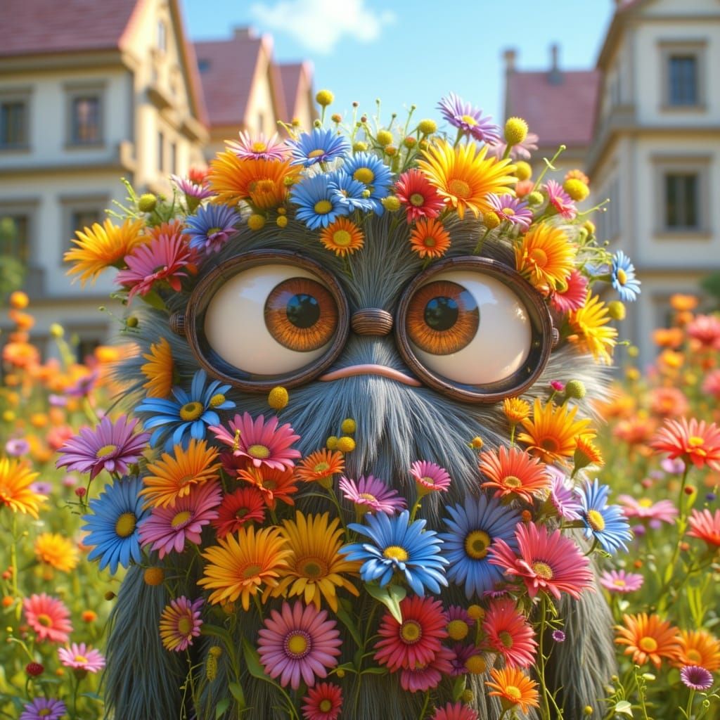  <lora:MJ6 Cuties:1.0> A portrait of an anthropomorphic creature with big eyes and a long, flowing beard made of colorful flowers. The creat...