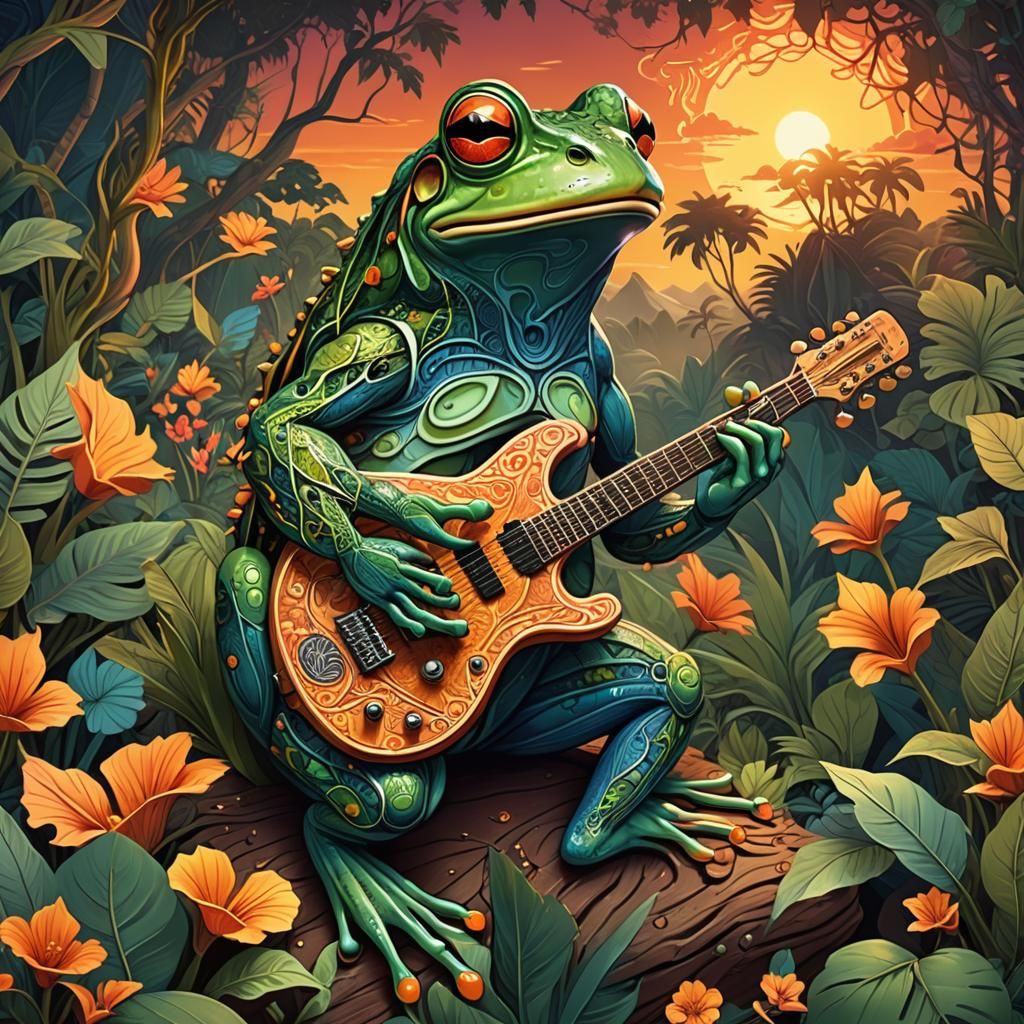 A frog plays the guitar in the jungle. Above everything you ...