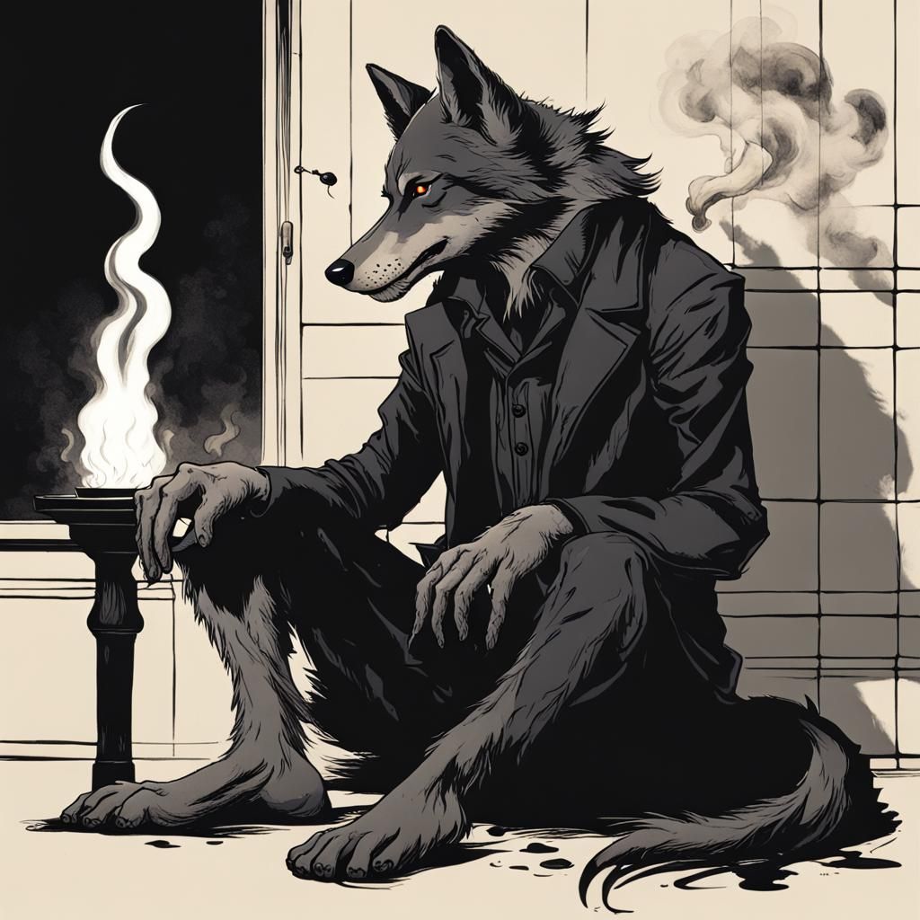 an anthropomorphic wolf is seated in a dimly lit corner. The...