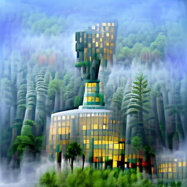 impressionist colossus building world misty forest