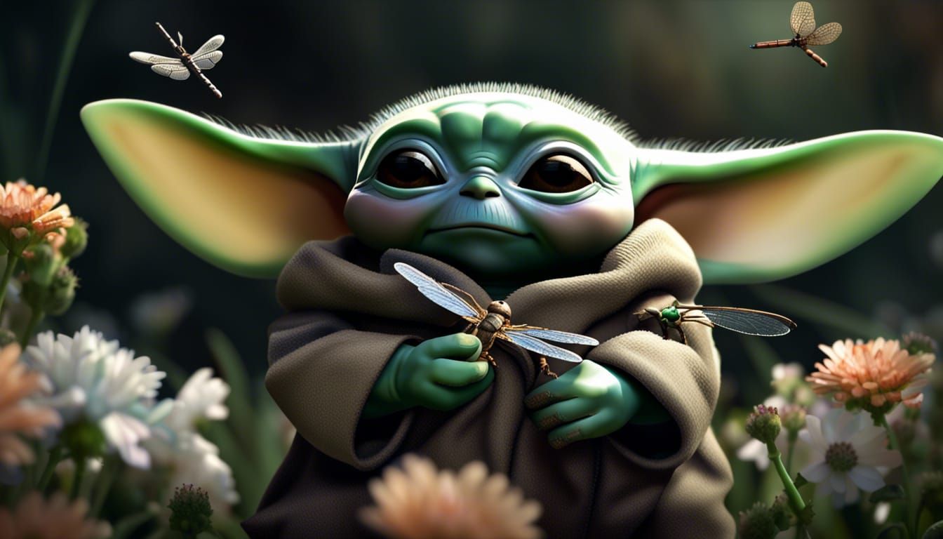 baby Yoda holding a dragonfly - AI Generated Artwork - NightCafe Creator