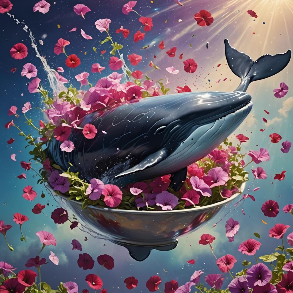 BOWL OF PETUNIAS AND A WHALE FALLING THROUGH SPACE Hyperrealistic ...