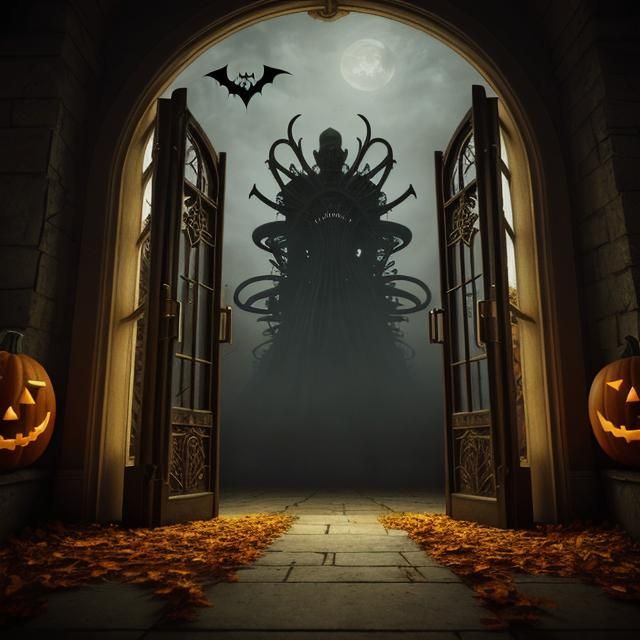 children dressed in Halloween costumes with large pumpkin he...