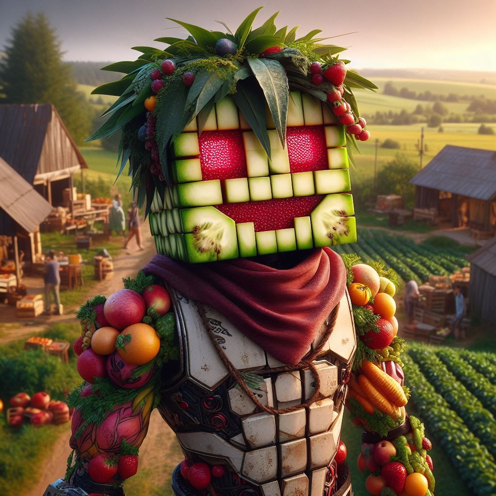 Smiling blocky-robot made up of Fruit wearing clothes, cluttered lush Farmland village