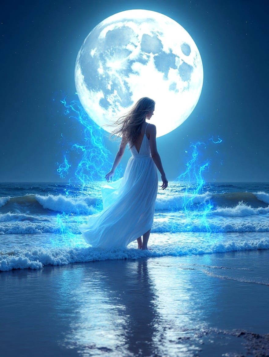 Woman in white with Blue Flames