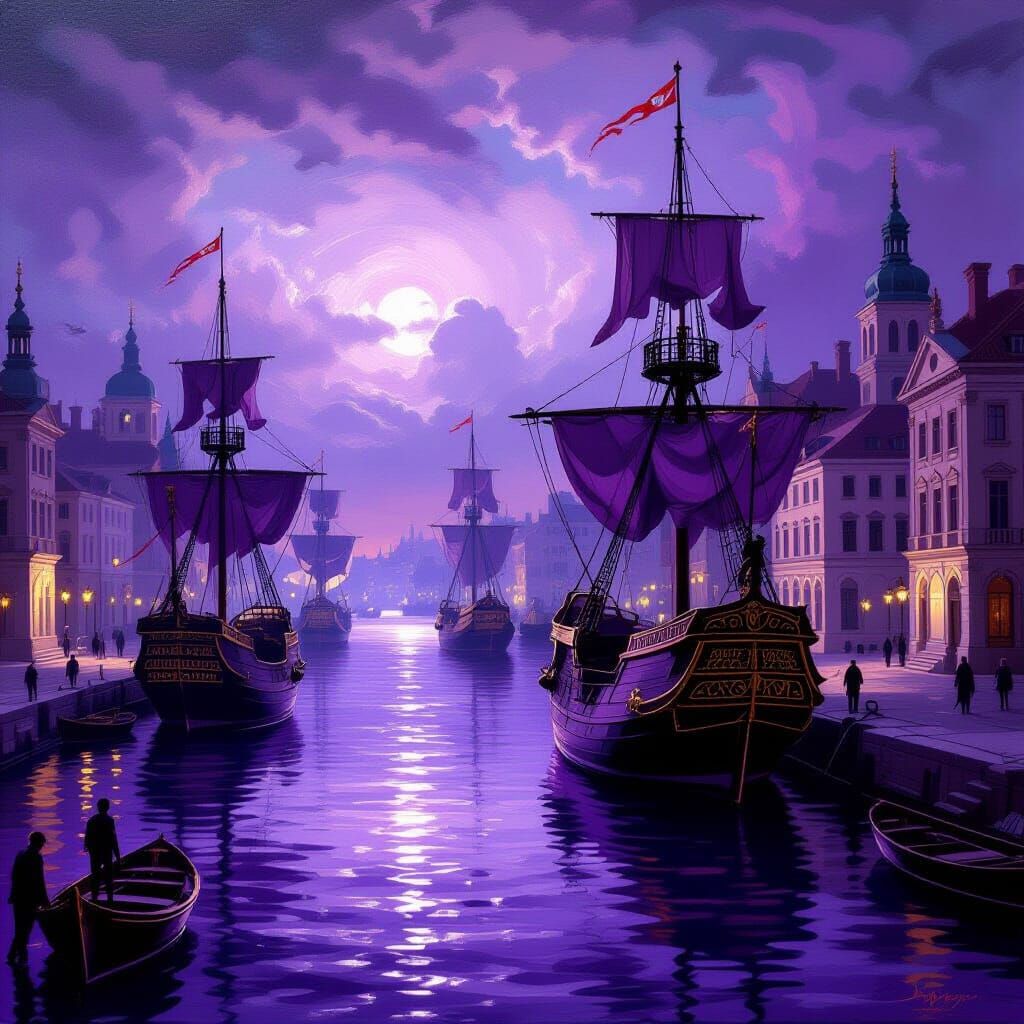 Baroque Purple Harbor with Ornate Ships and Dramatic Lightin...