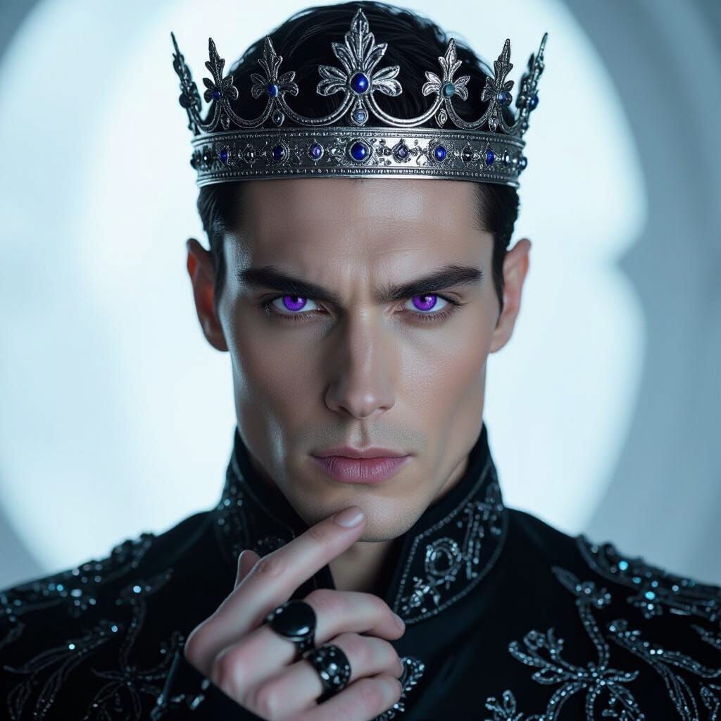 Crowned Man with Piercing Purple Eyes