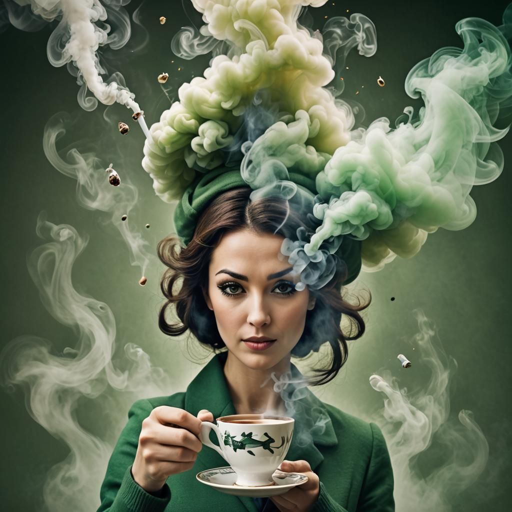 puffs of smoke come out of a cup of tea (within the smoke th...