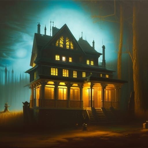Ghost in a Haunted house under the full moon;

triadic color...