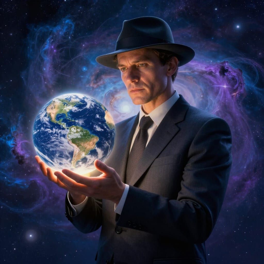 Cosmic Steward Holding Earth in Cinematic Matte Painting