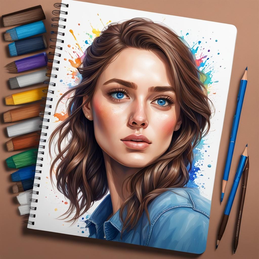 super cute white girl, brown hair, blue eyes, sketchbook, de...