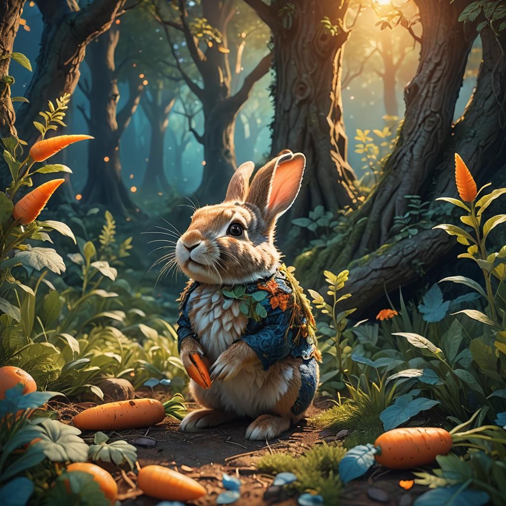 Cute Rabbit Eats Carrot in Mystical Forest