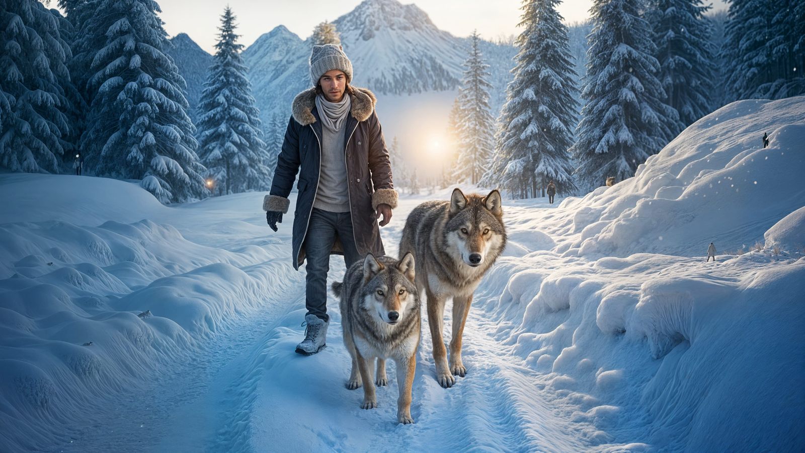 Man and wolves in the snow!