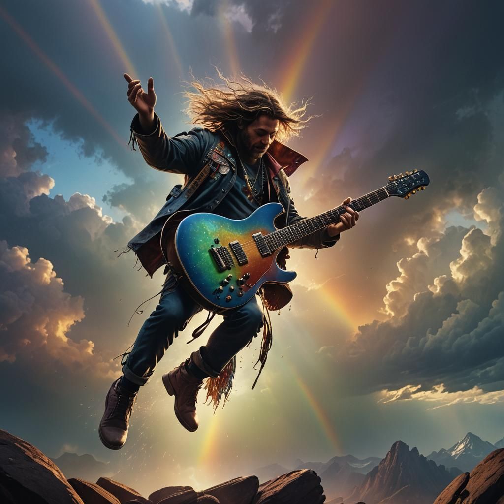Rock hand guitarist in the air rainbow back-light