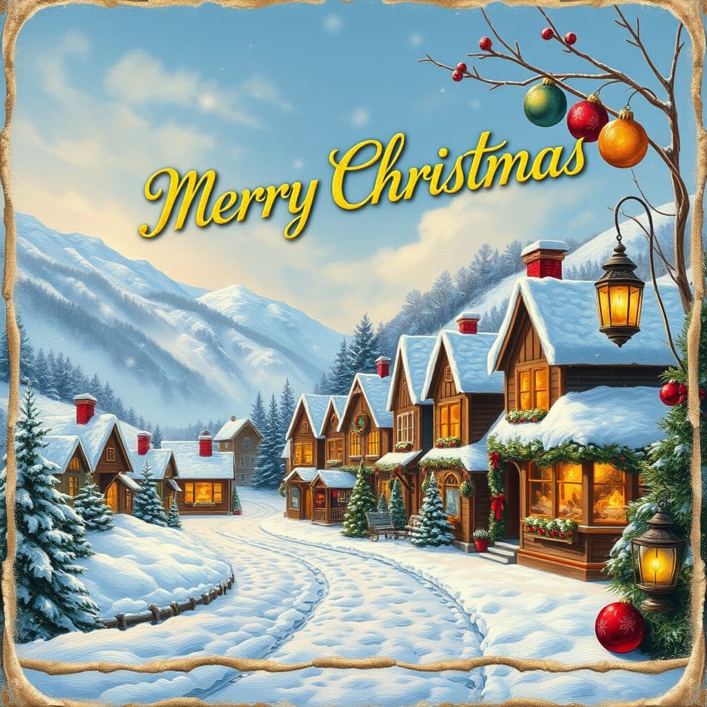 Vintage Christmas Village in Oil Painting Style