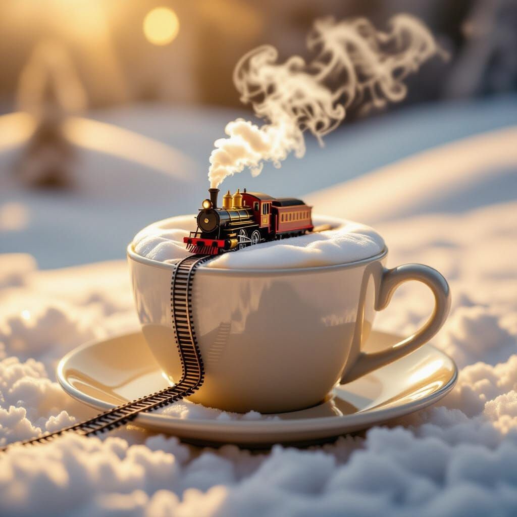 A surreal macro scene of a coffee cup filled with steaming coffee. On the creamy foam surface, tiny train tracks stretch into the distance, ...