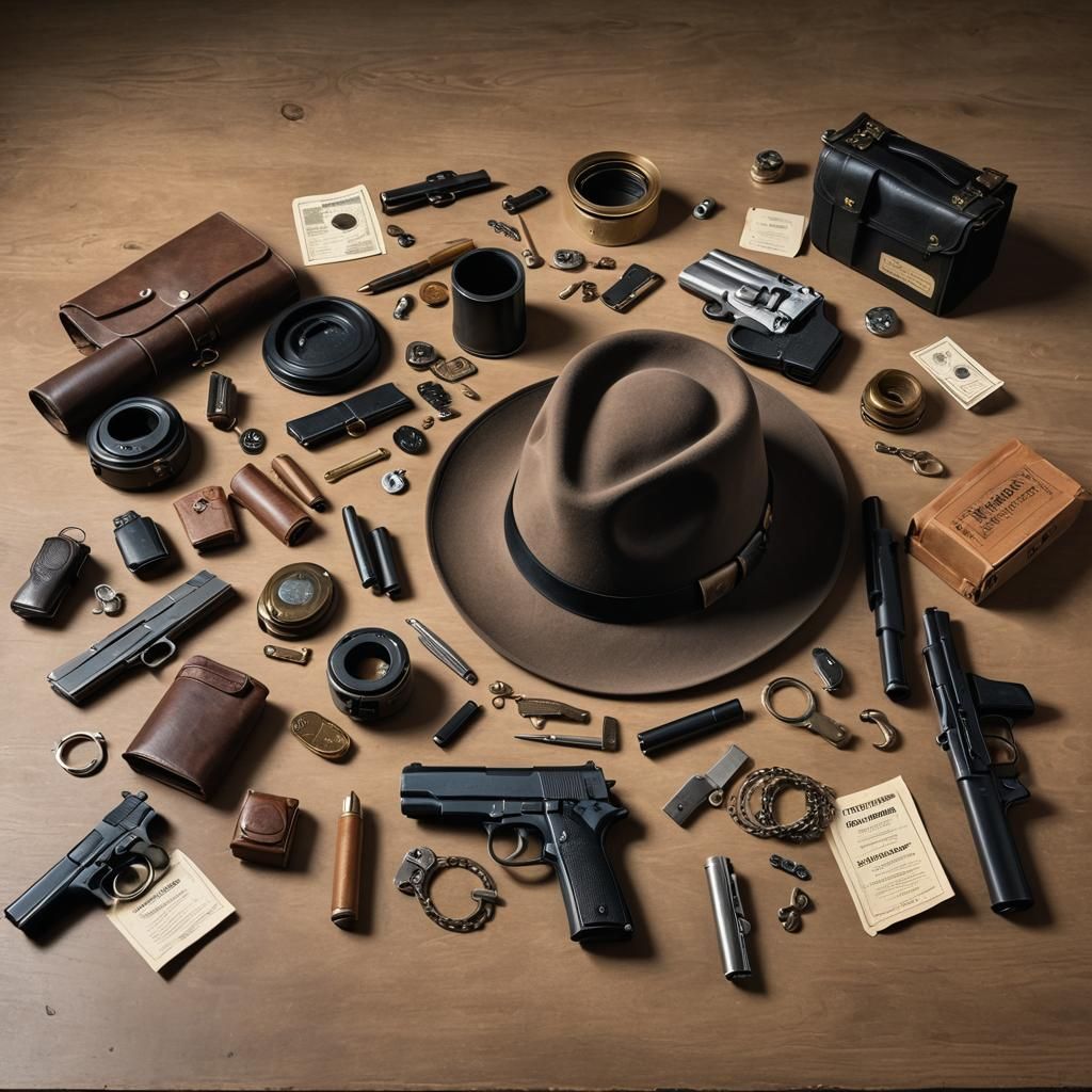 Fedora hat sitting on a table,  old evidence bags laying aro...