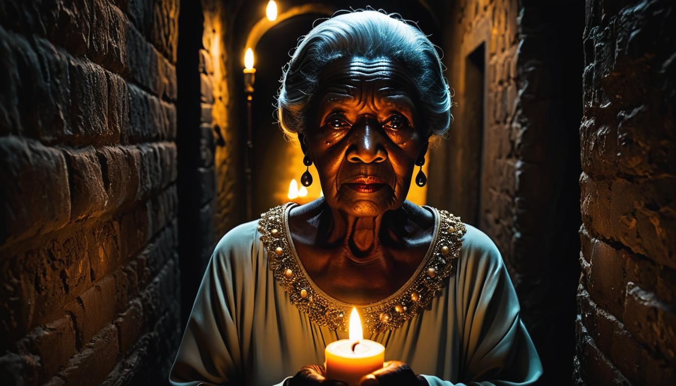 Old lady holding a candle in a dark passage way  by @INTERCEDENCE