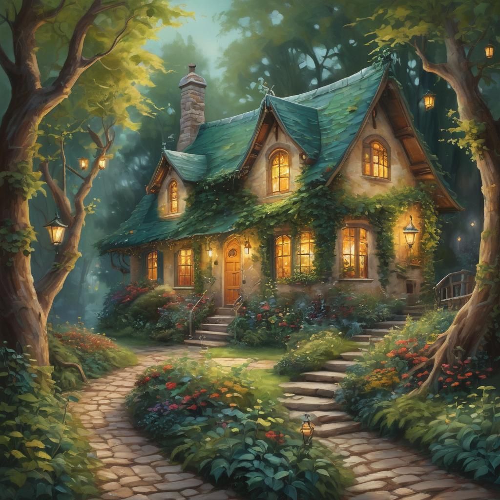 Enchanting Cottage in Emerald Forest, as Digital Art