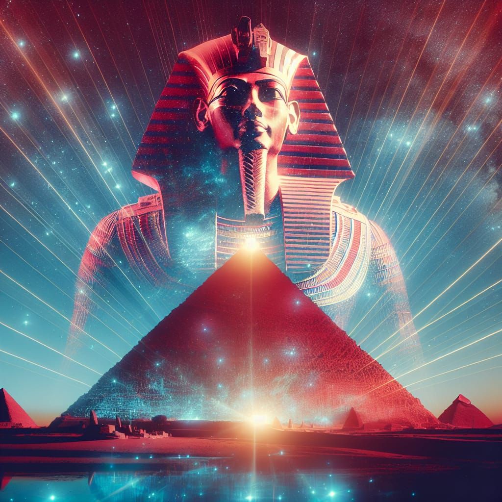 A glowing big, red pyramid. Double exposure. Starry sky. Kin...