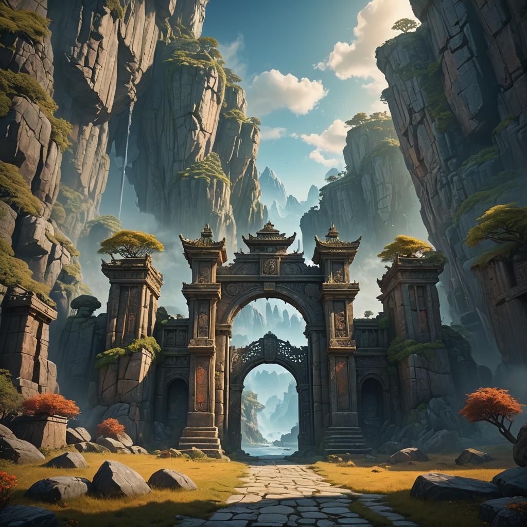 Mystical Stone Gate in Fantasy Landscape
