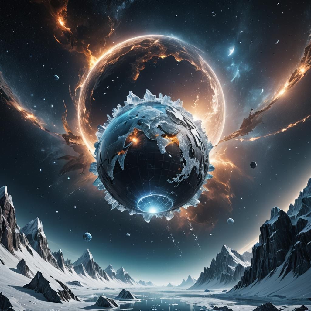 Globe of ice flying through space towards a rising moon