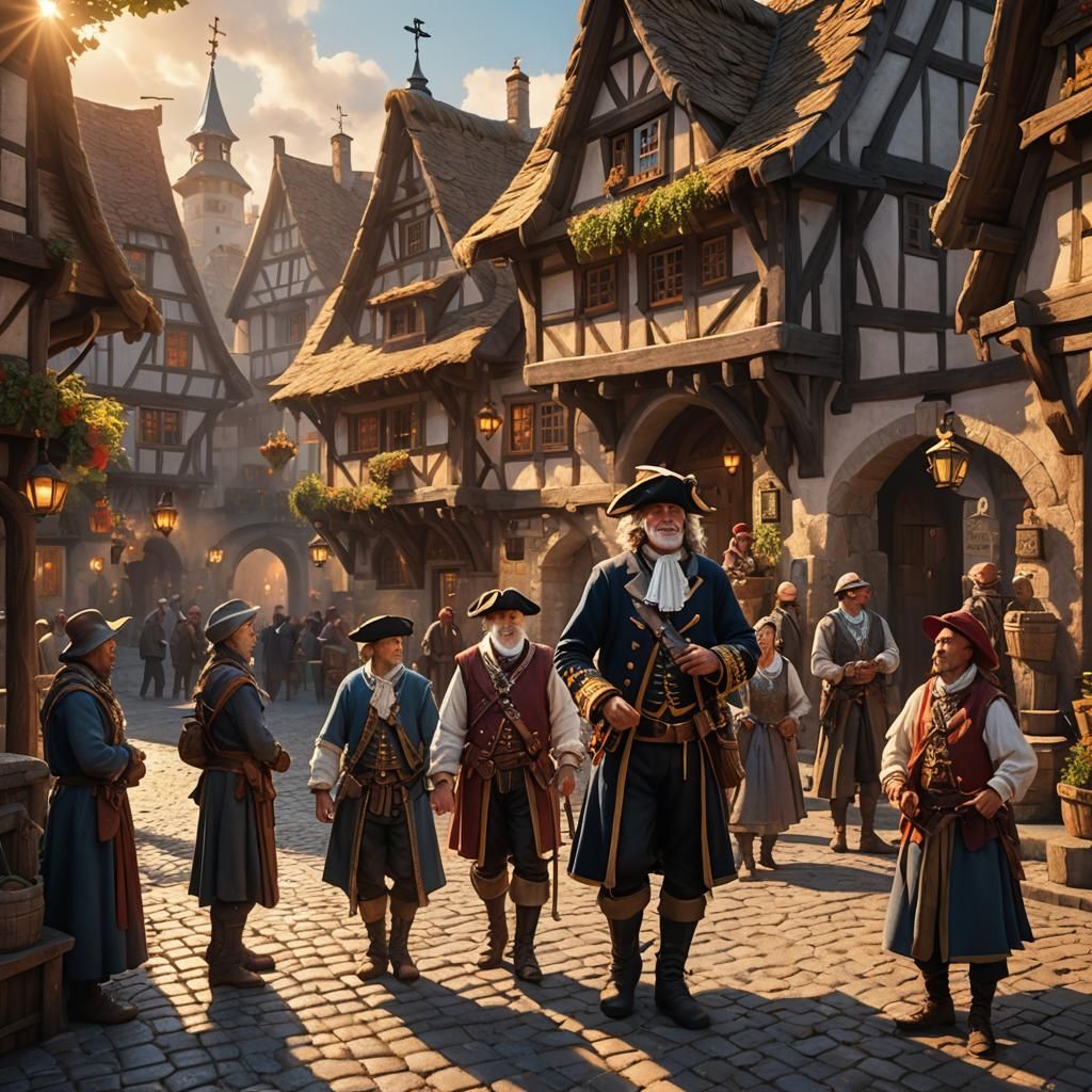 Medieval Village Scene in Oil Painting Style