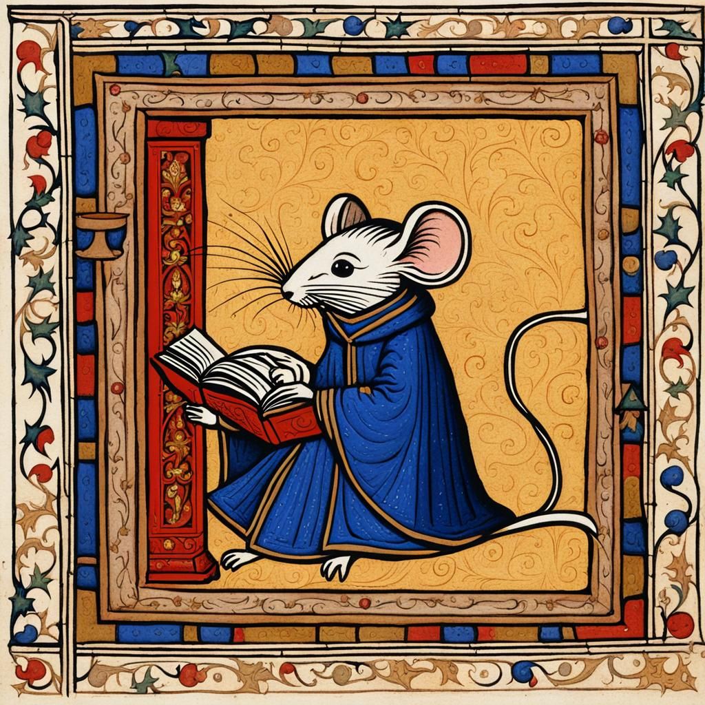 A medieval manuscript illumination of a very small mouse rea...