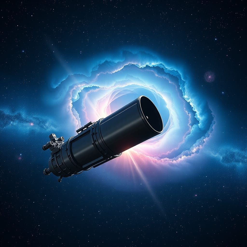 A hyperrealistic, cinematic rendering of the Hubble Space Telescope, in the style of Chesley Bonestell, meticulously detailed and oriented t...