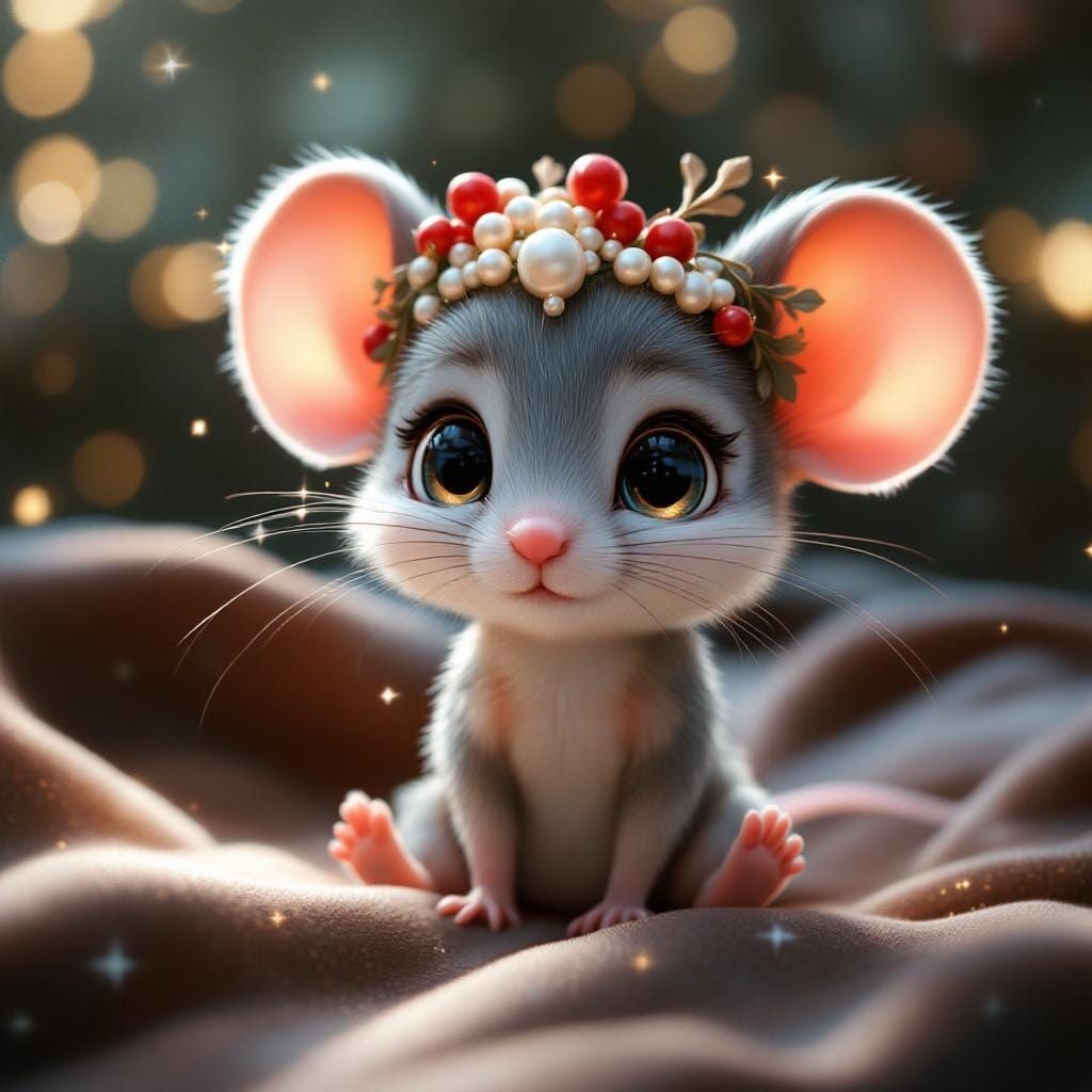 adorable baby shy mouse with large expressive eyes, luxurious curled whiskers, wearing a delicate crown ...  by @James Silvers